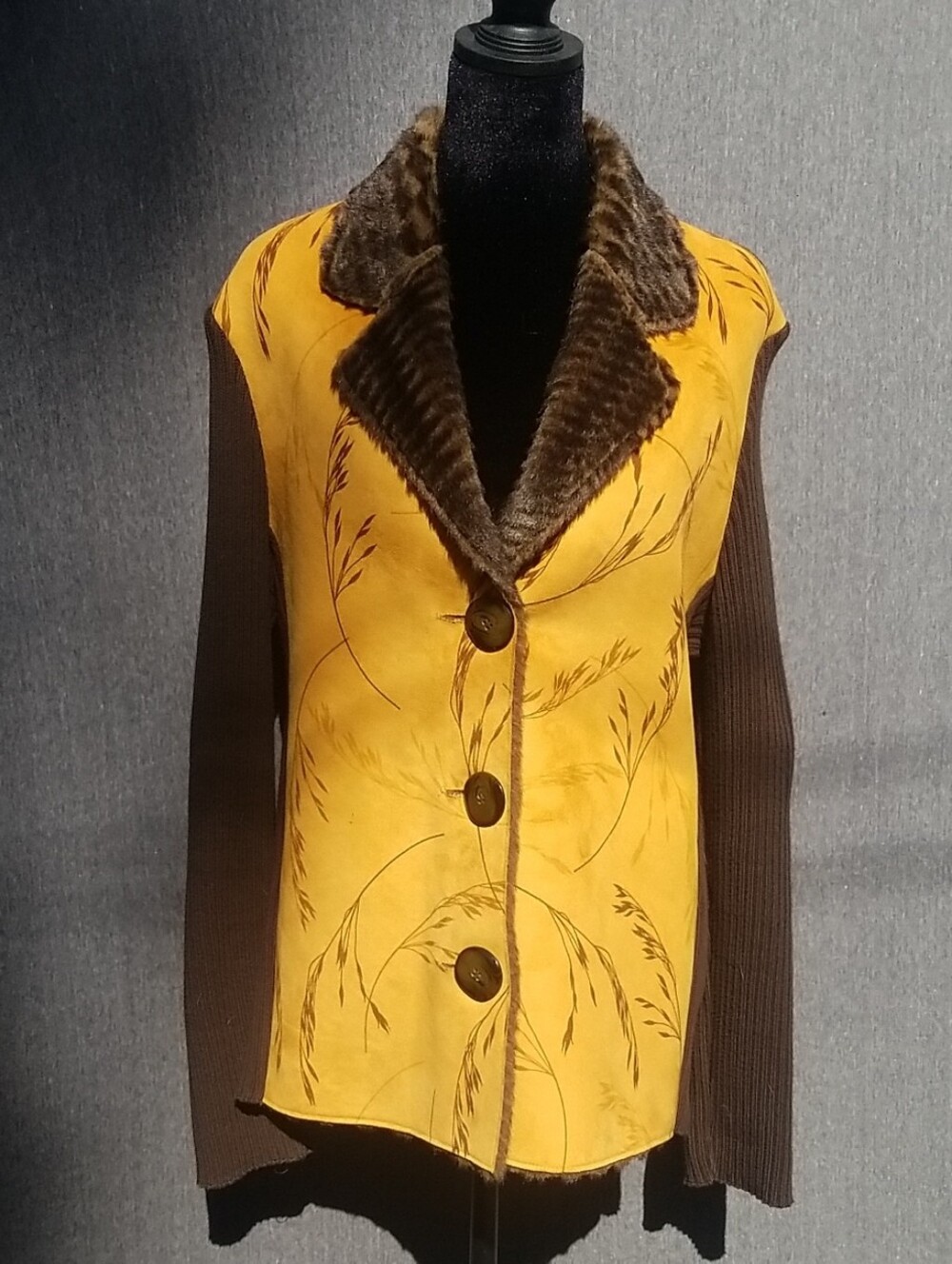 Robert Kitchen Women's Faux Suede and Faux Fur Mustard Button Jacket